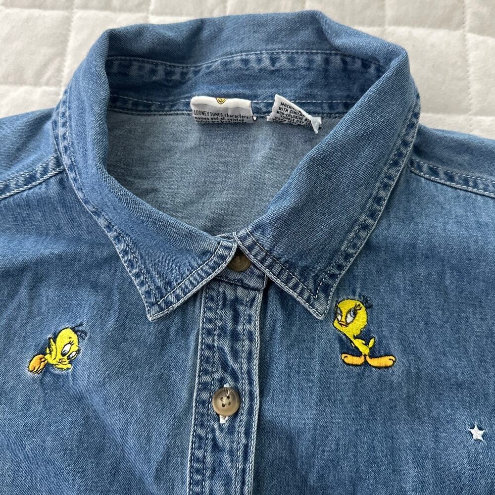 Vintage Looney Tunes Shirt Womens XL Embroidered Tweety Bird Retro Button Down